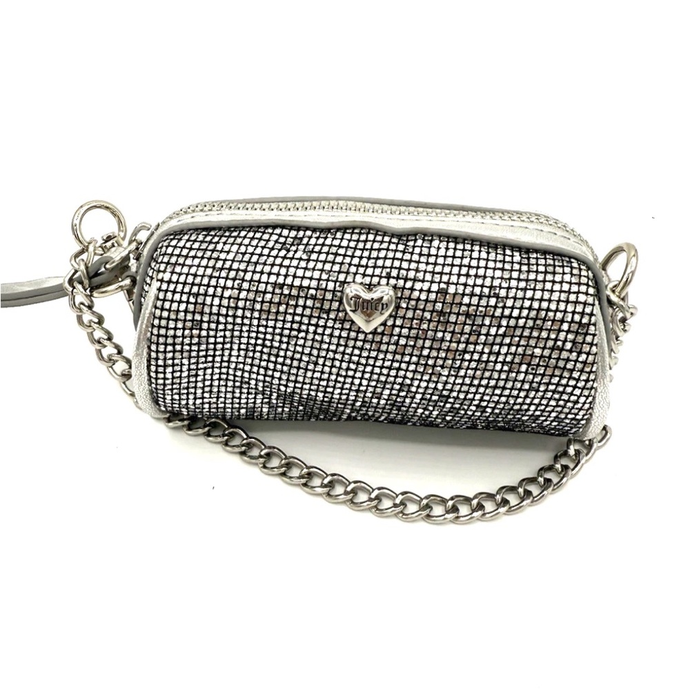 Juicy Couture Silver Mini Bag Wristlet Sparkle Chain Y2K Heart Charm Rare Party